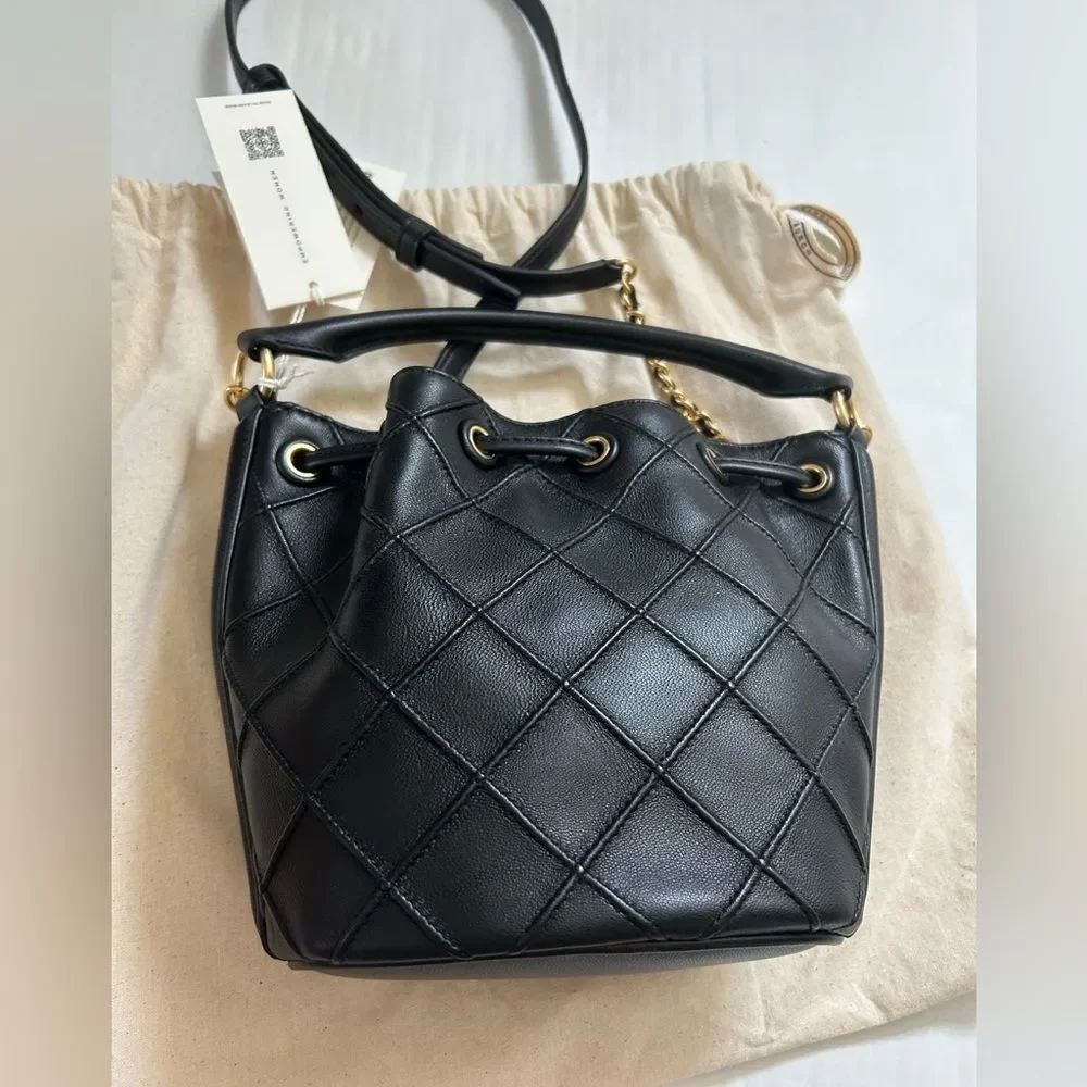 Tory Burch Fleming Black Quilted Soft Leather Bucket Bag NWT